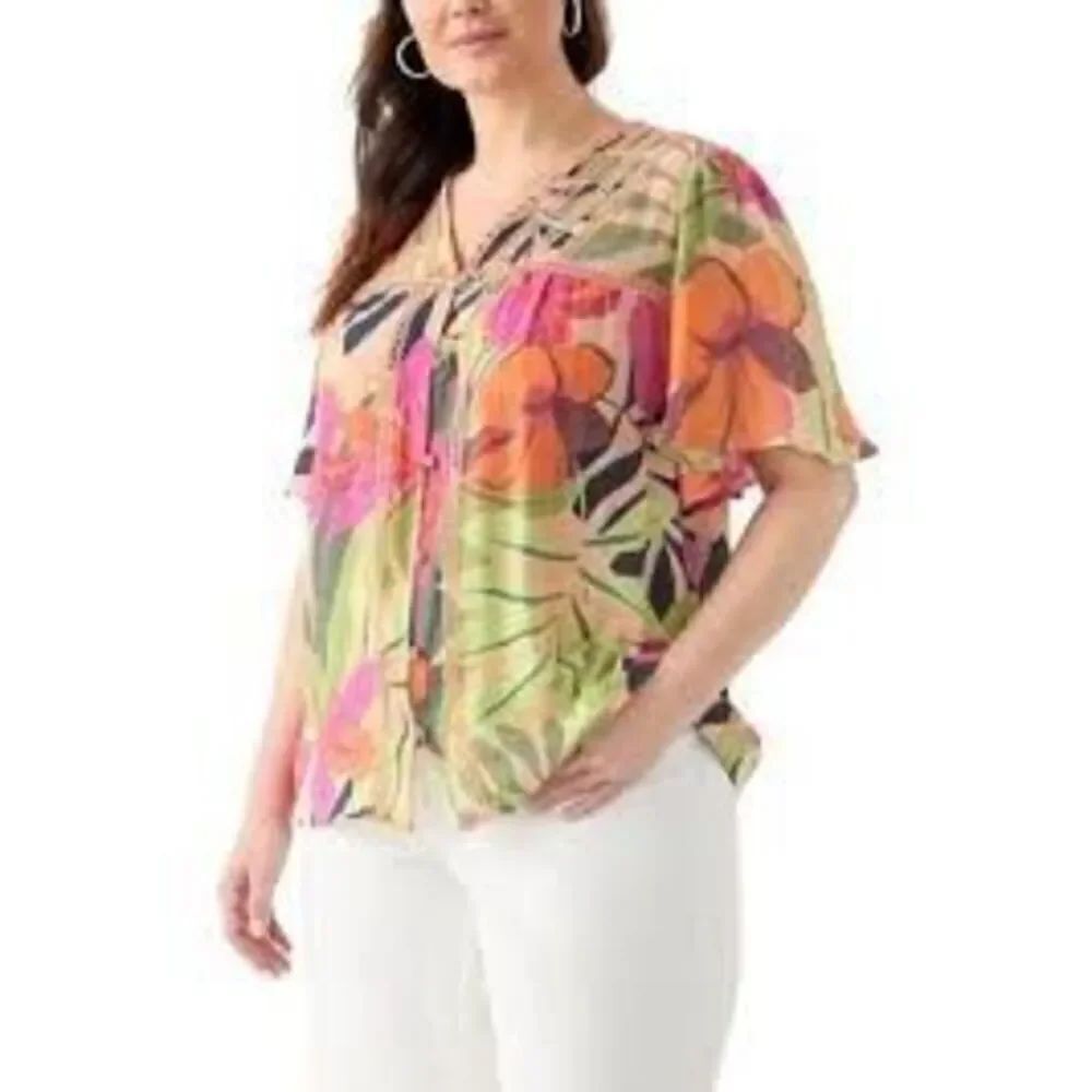 Sharagano Plus Button Down Vibrant Flowy Top Sz XL Flutter Sleeves